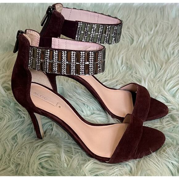 Aldo Stilletto High Heel Size 6.5 Rhinestone Ankle Strap Open Toe Shoe Suede Red - Picture 2 of 7